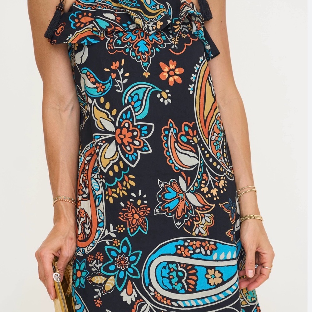 NWT AVARA Black Paisley Mini Dress with Turquoise & Orange Accents - ADORABLE!!!